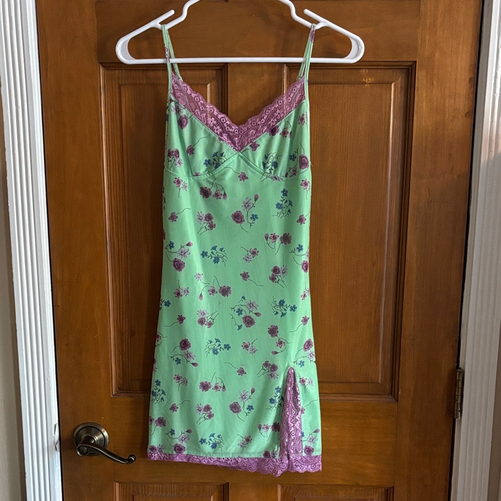 Floral Green and Purple Lace Trim Chemise